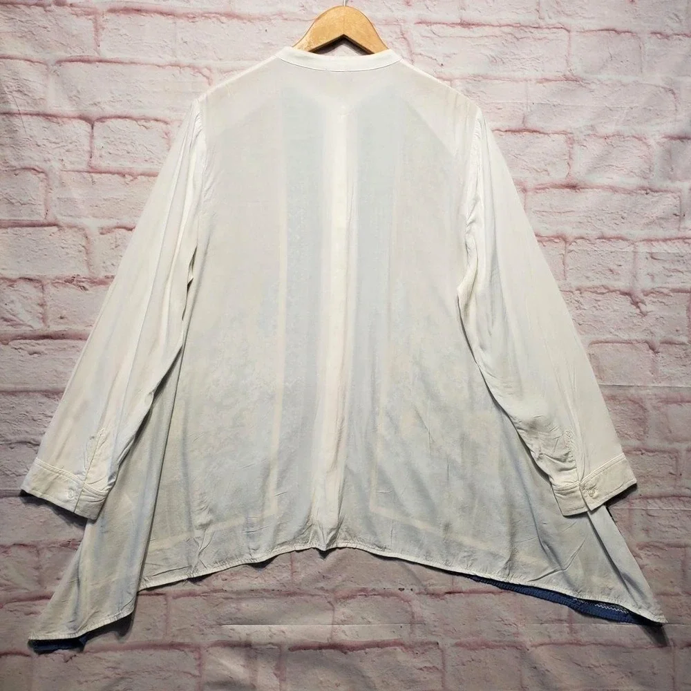 Chicos Boho Patchwork Tunic Top Large Blue Paisley Artsy Coastal Cottagecore - Picture 2 of 11